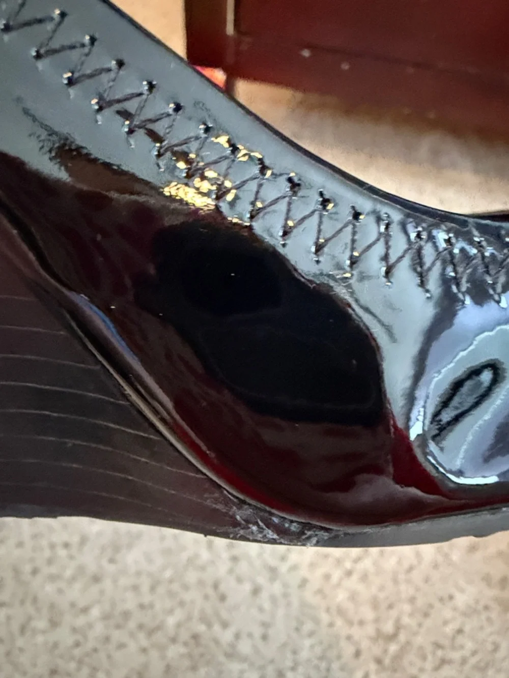Tory Burch “Sophie” Black Patent Leather wedge heel with silver hardware, 8